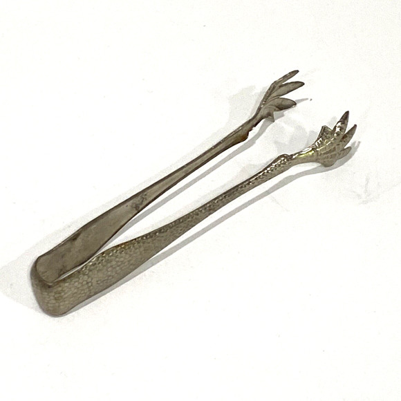 Vintage Dining Vintage Ice Cube Tongs Hammered Finish Metal Silver